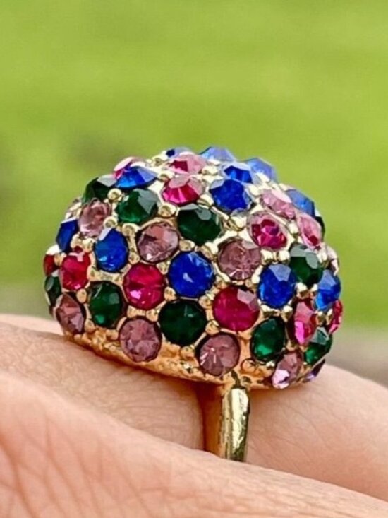 Jewelry - Vintage Gold Tone Multicolor Rhinestone Dome Ring Size 7 Statement